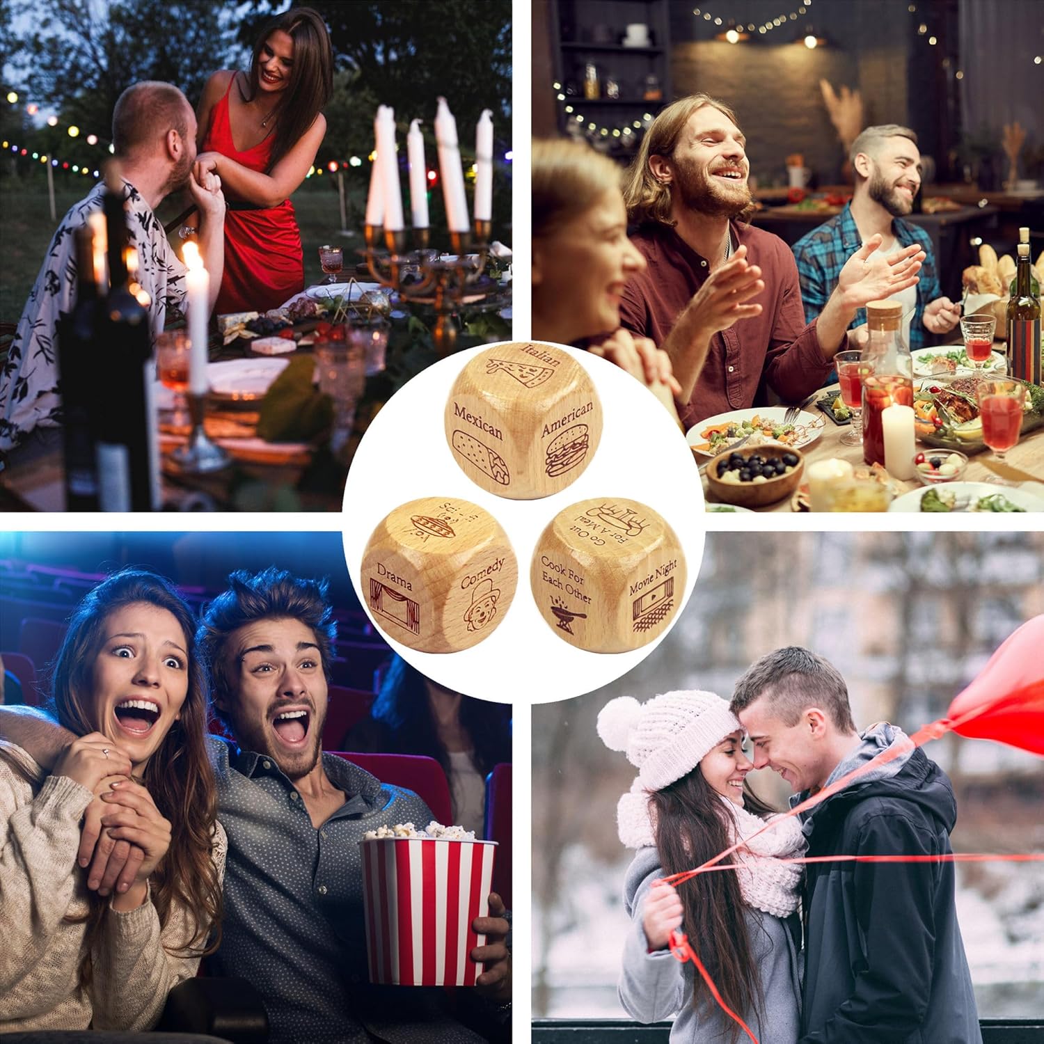 Collage of people enjoying various activities with a focus on a pair of couples date night dice.