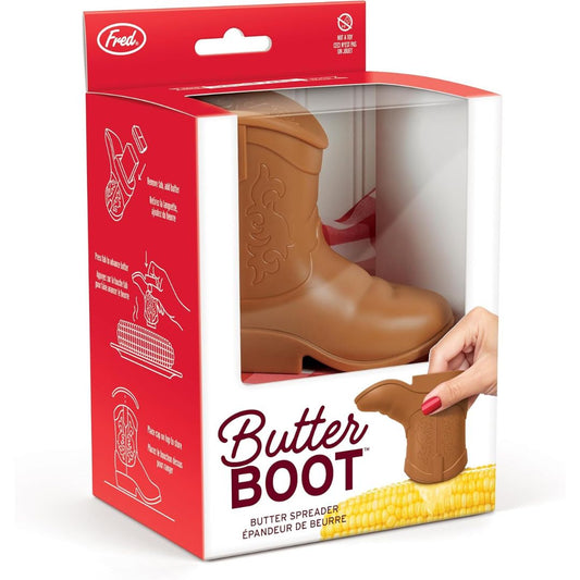Butter Boot box packaging with a boot shaped corn butter spreader inside the box.