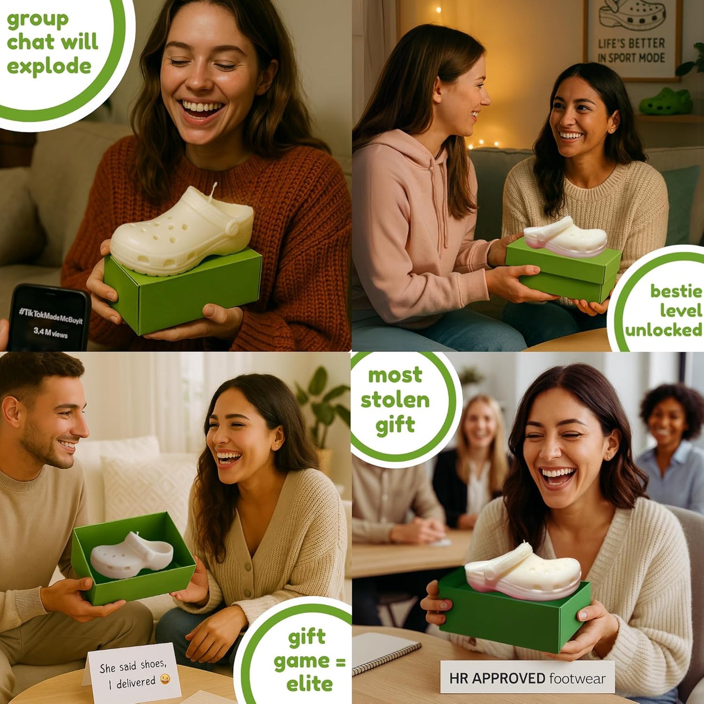 People receiving and opening a green box with a croc shoe candle inside, in various settings.
