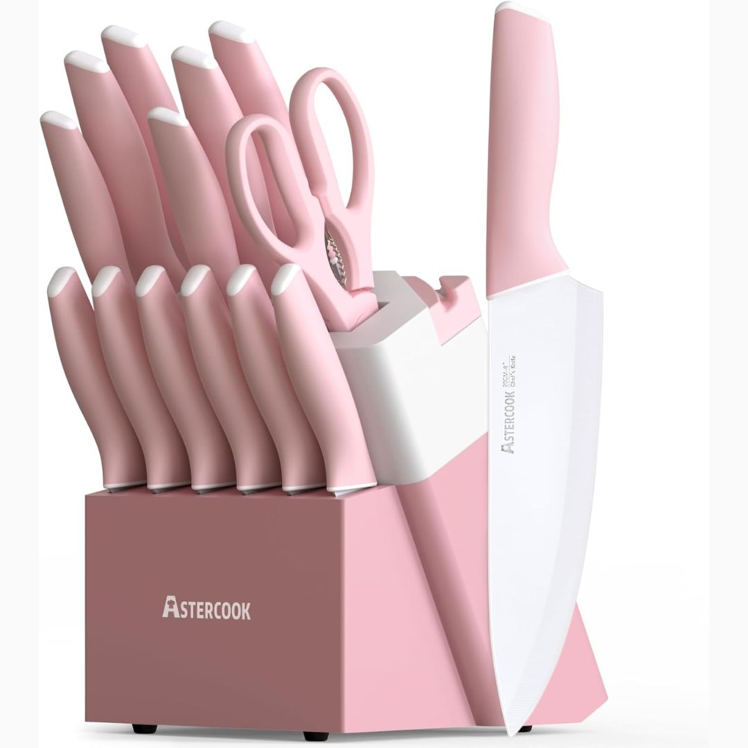 Pink knife set with a block and scissors on a white background, featuring the Astercook brand.