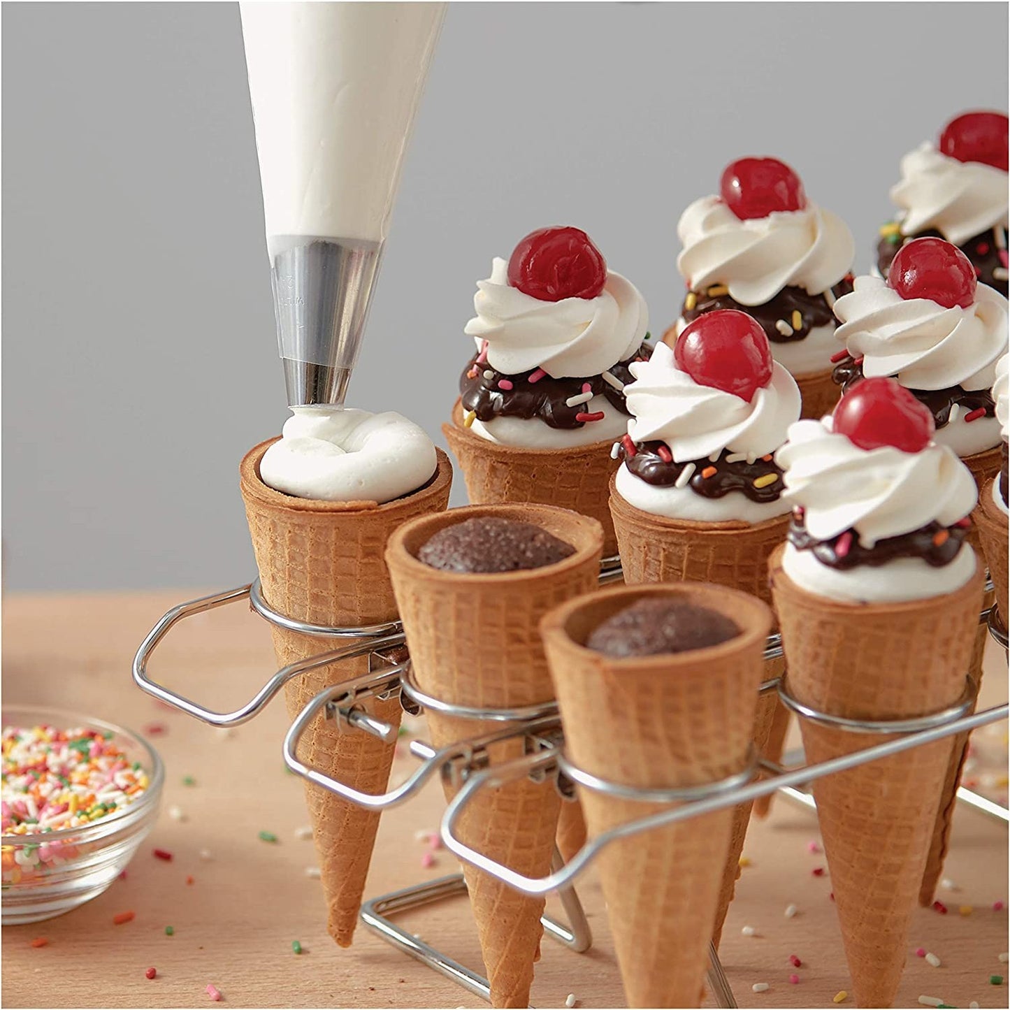 A cupcake cone baking rack filled with sweet treats.