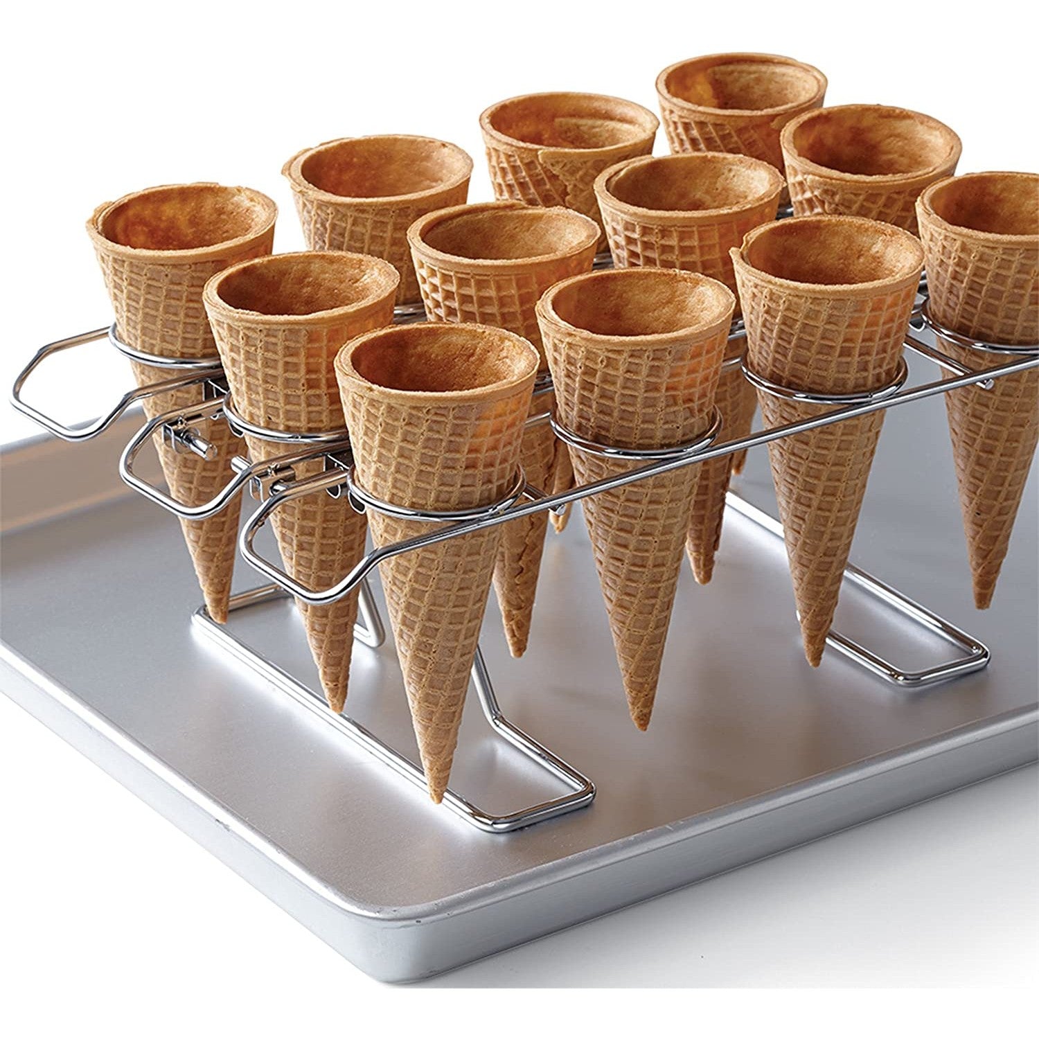 A cupcake cone baking rack holding empty ice cream cones ready to be filled.
