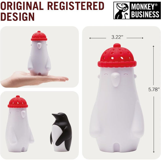 White penguin-shaped novelty item with a red perforated cap, shown in multiple views including a hand holding it, next to a penguin figure, with dimensions labeled 3.22 inches by 5.