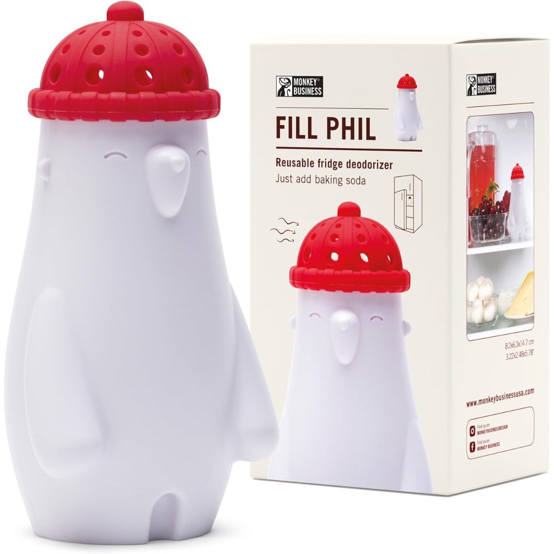 Reusable fridge deodorizer with red top and white body next to its packaging box.