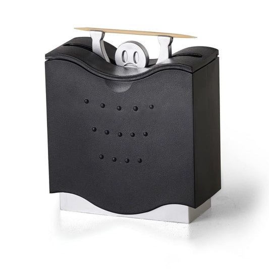 Black and silver square toothpick dispenser with a small figure  on top holding a toothpick