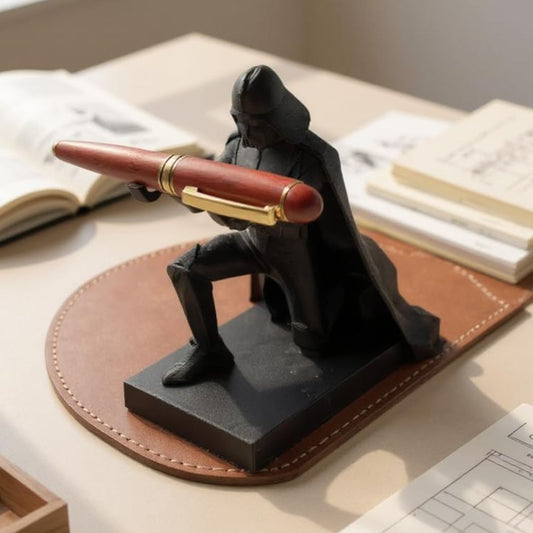 A black Darth Vader pen holder figurine holding a reddish-brown and gold pen, displayed on a brown leather desk mat over a light beige desk with books in the background.