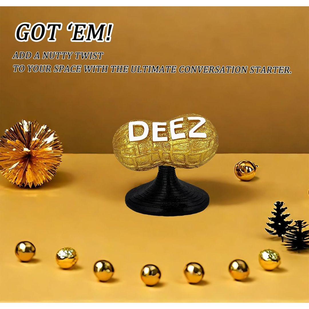 Decorative item with 'DEEZ' text on a gold background with text overlay.