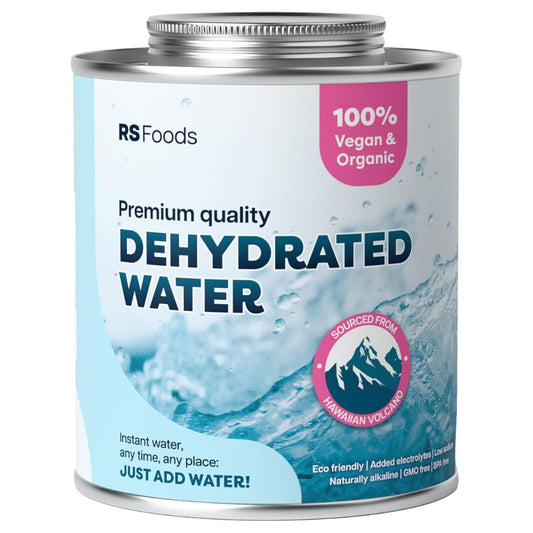 Can of RS Foods dehydrated water with branding and product details on a white background
