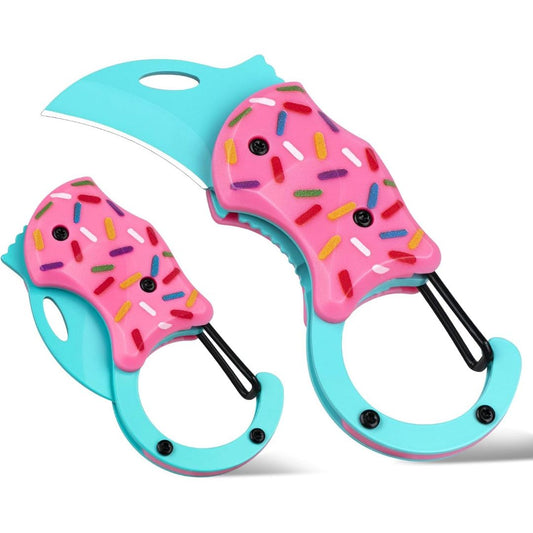 Donut-style EDC pocket knife shown open and closed with pink sprinkle handle, turquoise blade and carabiner-style finger ring
