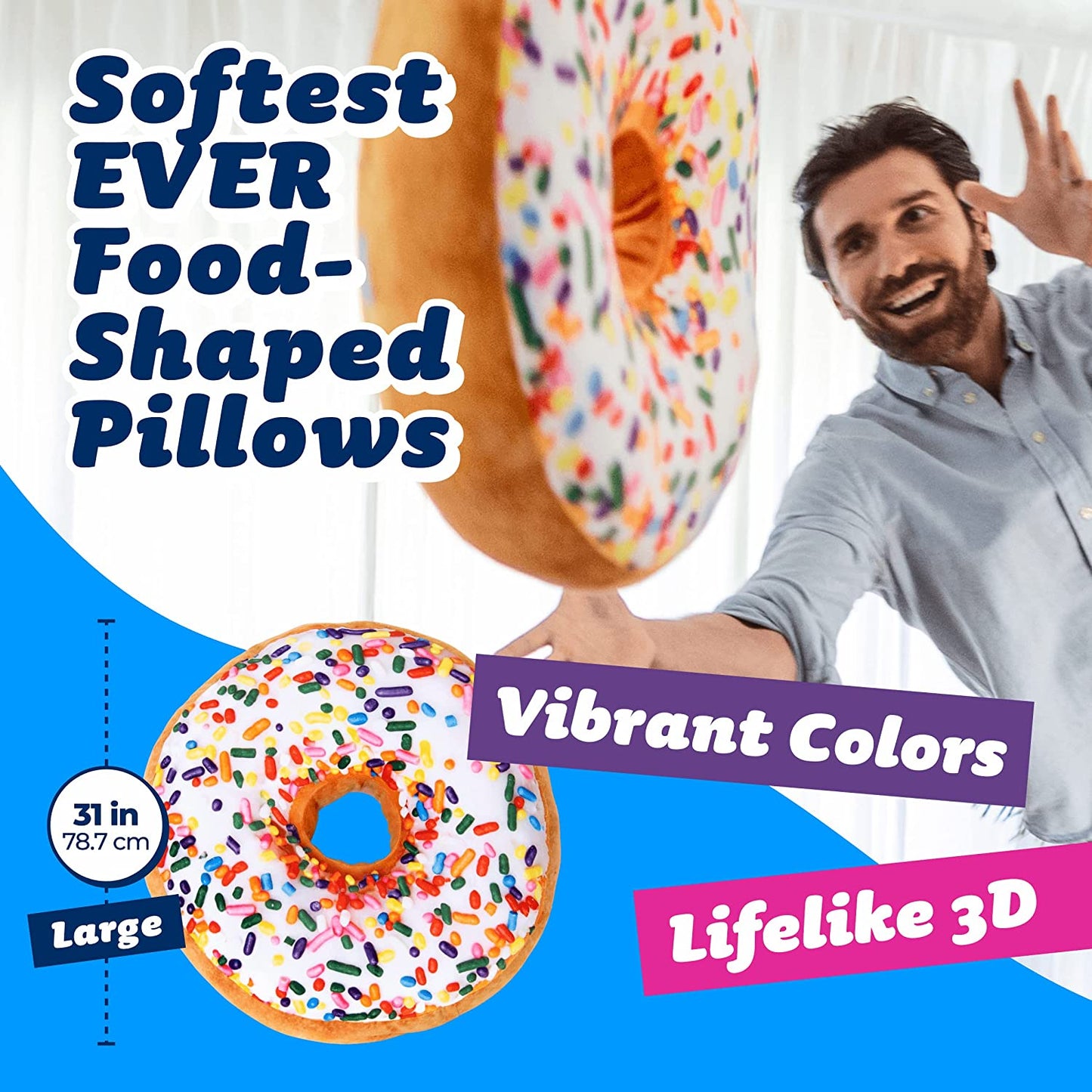 Product details about a donut shaped pillow.