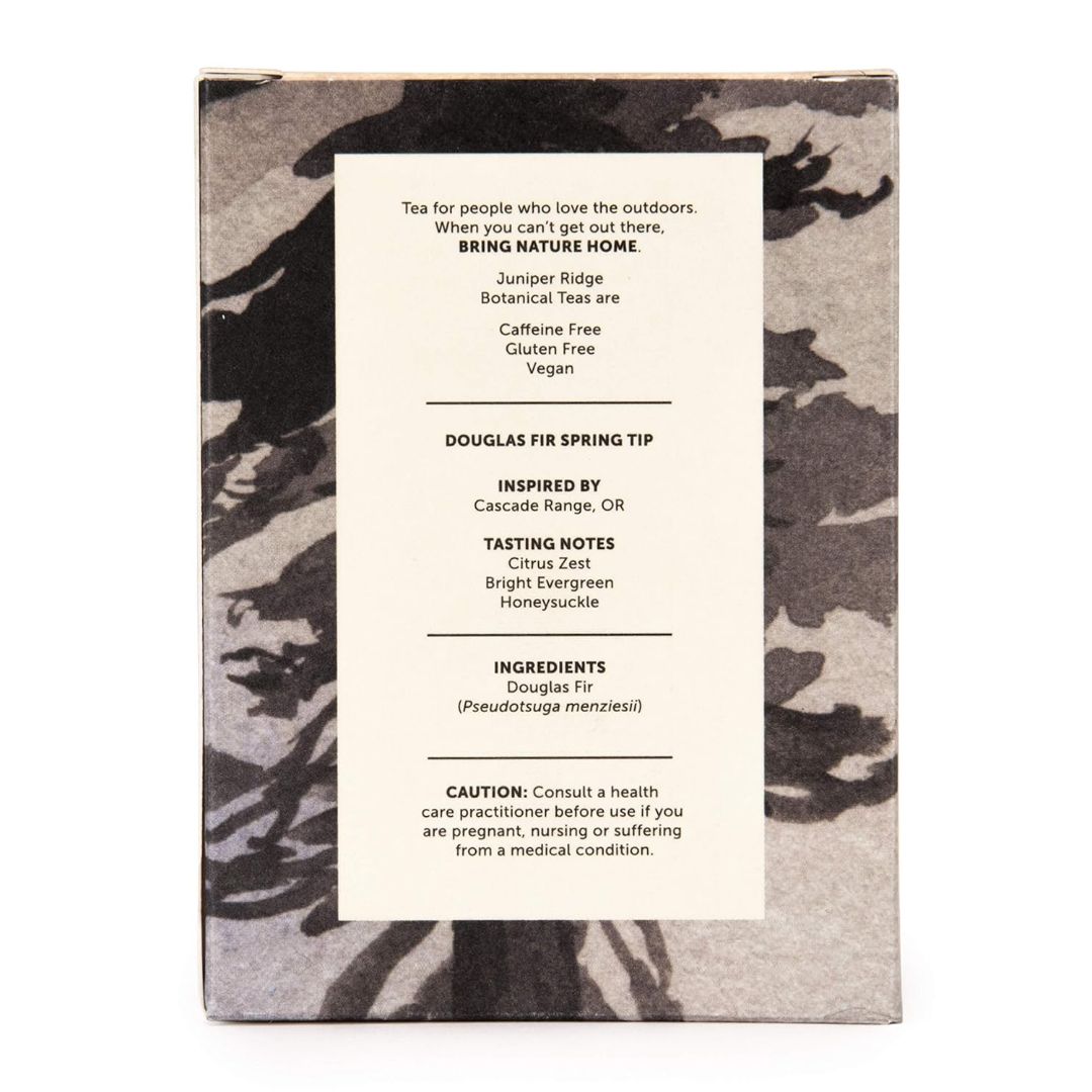 Juniper Ridge Douglas Fir Spring Tip Botanical Tea box showing caffeine-free, gluten-free and vegan details with citrus zest, evergreen and honeysuckle tasting notes