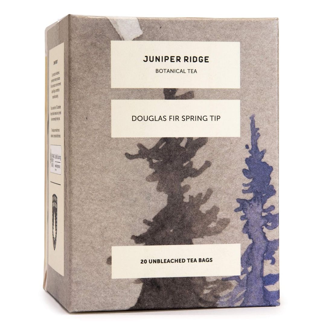 Juniper Ridge Douglas Fir Spring Tip Botanical Tea box with forest-inspired design and 20 unbleached tea bags
