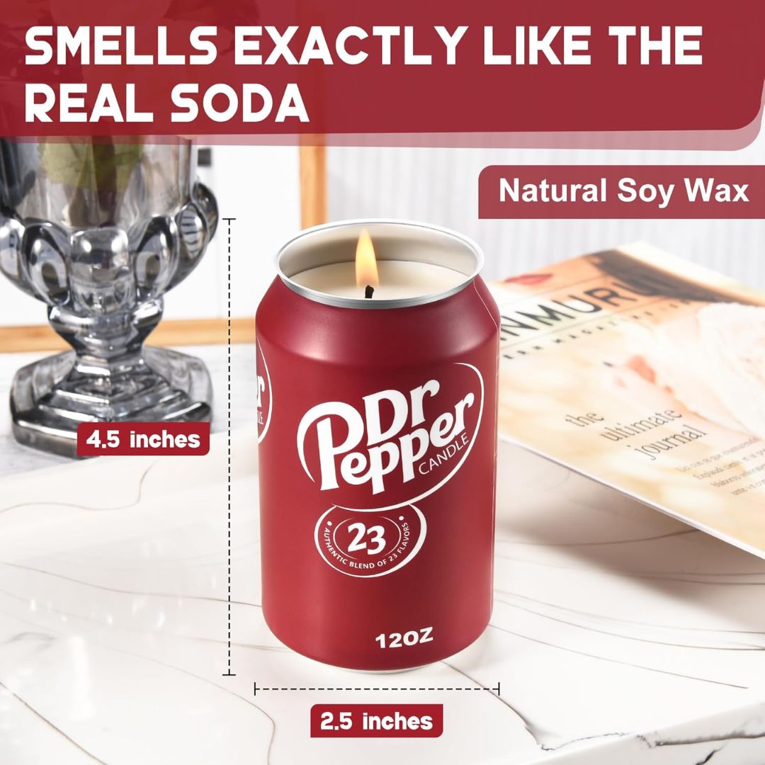 Dr Pepper candle with dimensions and text about its scent and material.