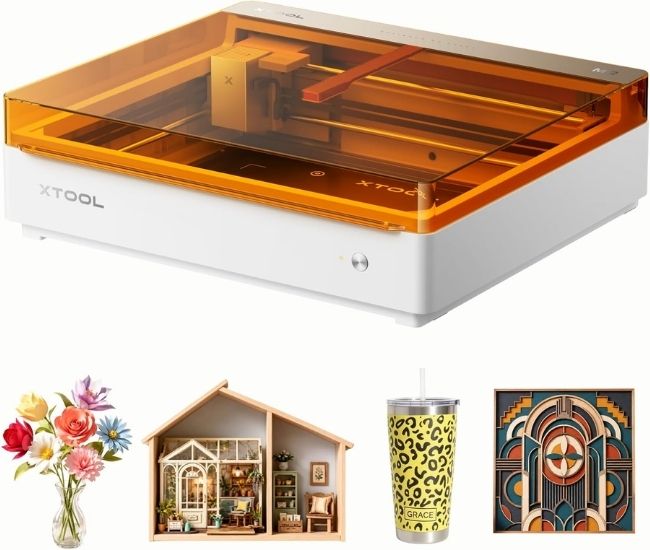 A laser engraver with four insert images showing items made by the laser engraver