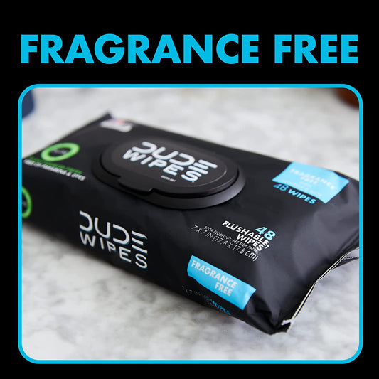 A packet of Dude Wipes with a headline that reads, 'Fragrance Free.'