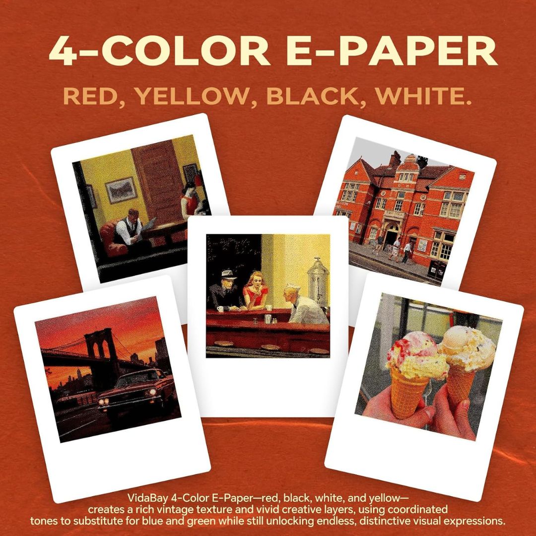 Four-color e-paper photo display showing vintage-style images in red, yellow, black and white