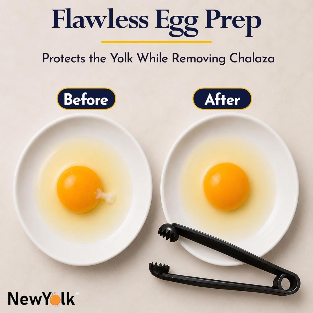 Original Egg Tool showing before and after removal of chalaza membrane from an egg yolk