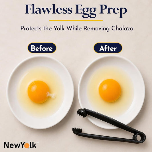 Original Egg Tool showing before and after removal of chalaza membrane from an egg yolk
