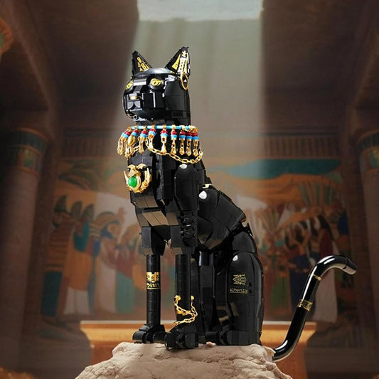 A black Egyptian pharaoh cat built from blocks set in an Egyptian themed tomb
