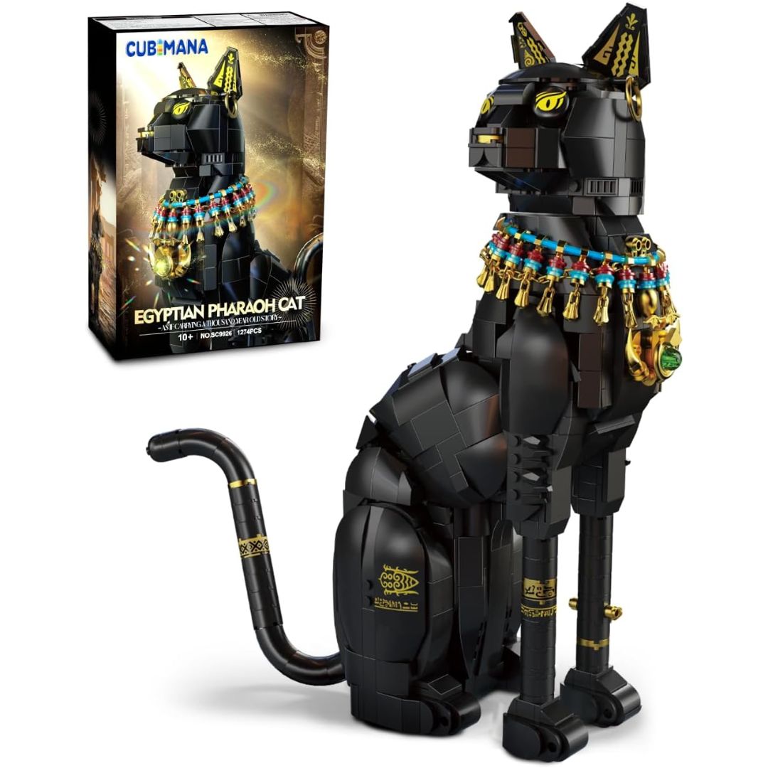 An Egyptian pharaoh cat building set with box on a white background