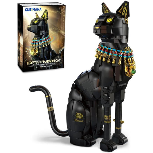 An Egyptian pharaoh cat building set with box on a white background