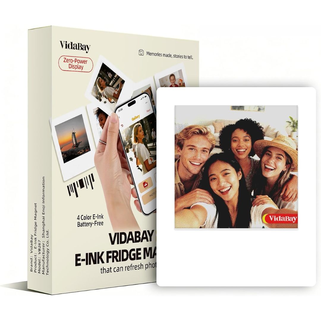 Battery-free e-ink fridge photo magnet with customizable digital image display and retail packaging