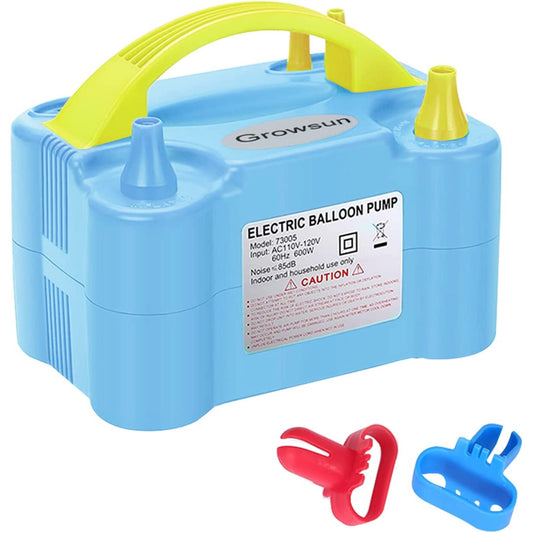 A blue electric balloon pump for blowing up balloons.