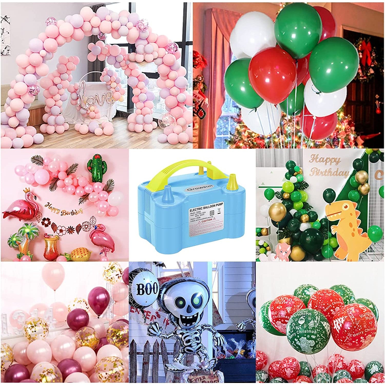 A collage of images showing various locations decorated with balloons with an electric balloon pump in the centre of the collage.