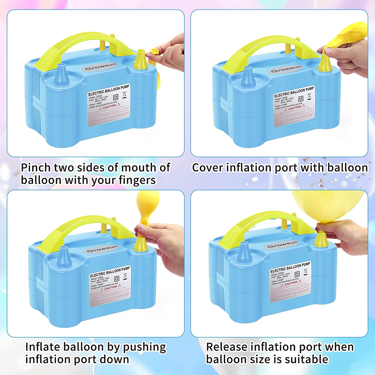Instructions on how to use an electric balloon pump for blowing up balloons.