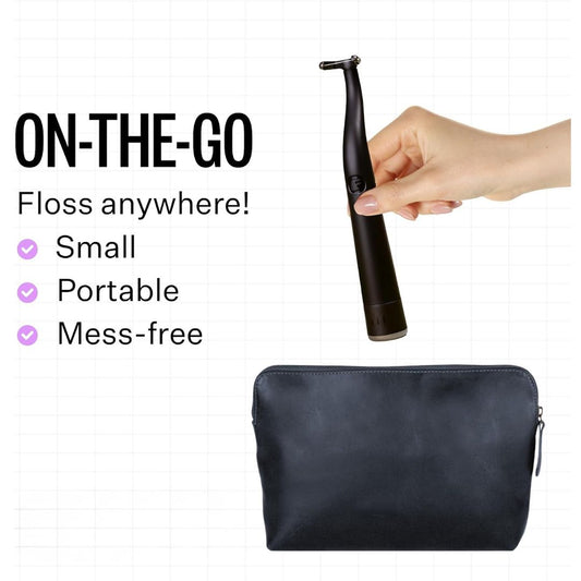 A hand holds a black electric tooth flosser above a black zippered pouch on a white grid background, with text reading 'ON-THE-GO Floss anywhere!' and bullet points calling it Small, Portable, and Mess-free.