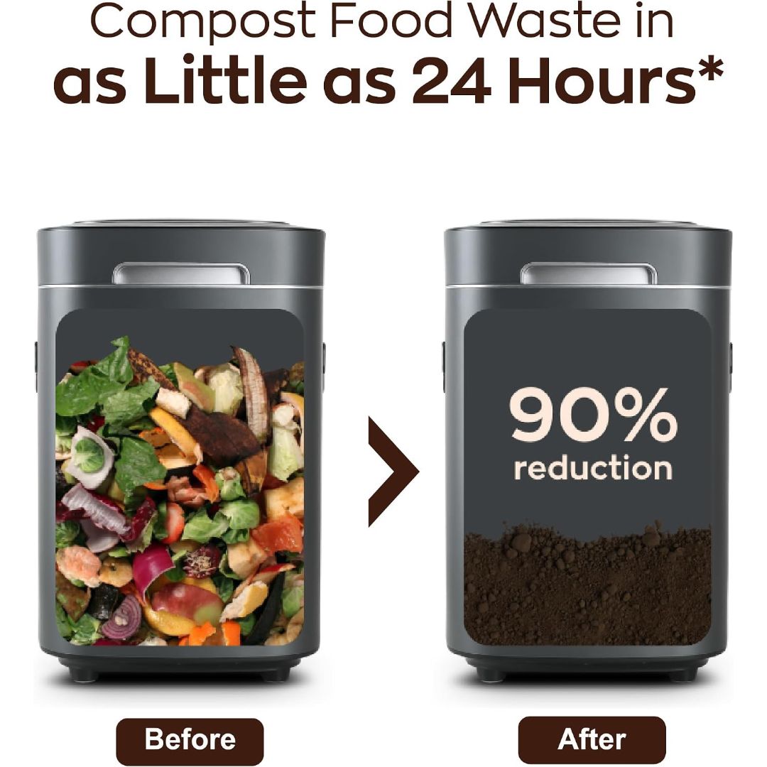 Reencle Prime electric kitchen composter showing food scraps reduced by up to 90% into compost in as little as 24 hours