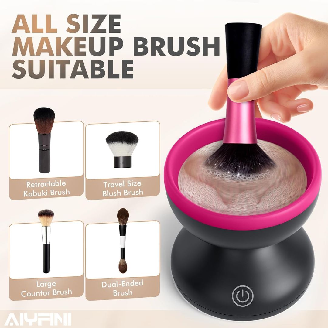 An electric makeup brush cleaner showing different makeup brushes that the device can clean