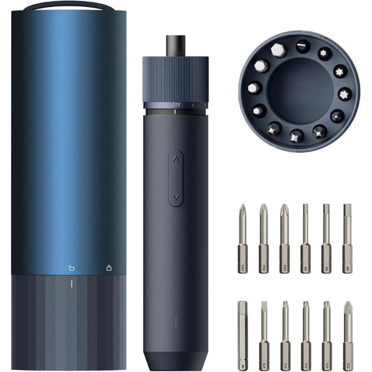 Compact electric screwdriver set with storage case, magnetic bit holder and multiple screwdriver bits