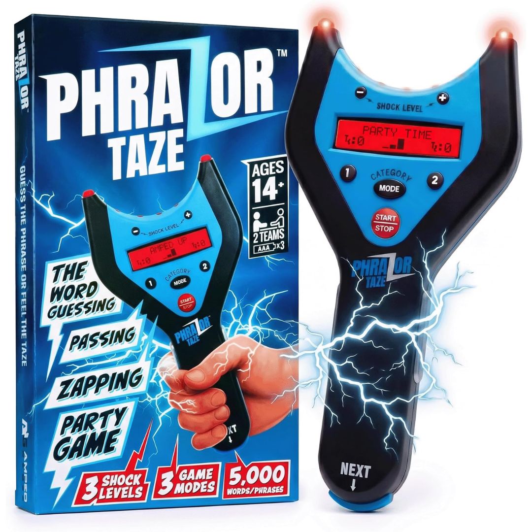 Phra Taze party game set showing the product box and the handheld shock detector. The device is blue and black with a red LCD screen and lightning graphics indicating shock.