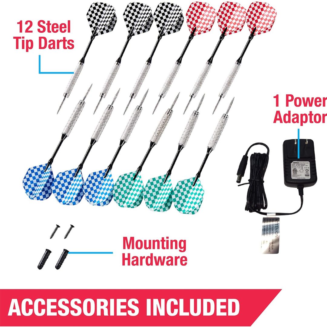 12 steel tip darts in black, red, blue, and green checkered patterns, shown with a power adapter, mounting hardware, and text labels indicating accessories included.