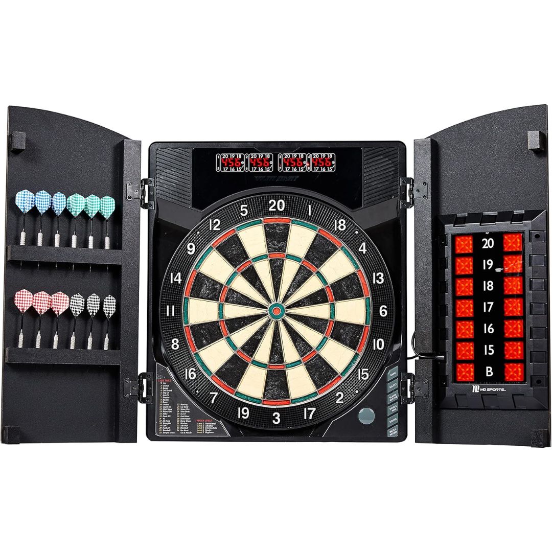 A black electronic dartboard set with open hinged walls, showing the dartboard center, left-side dart storage with colored darts, and a right-side score display with red LED lights.