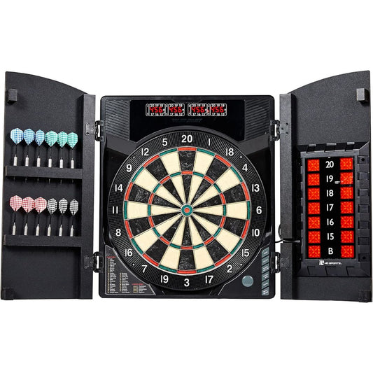 A black electronic dartboard set with open hinged walls, showing the dartboard center, left-side dart storage with colored darts, and a right-side score display with red LED lights.