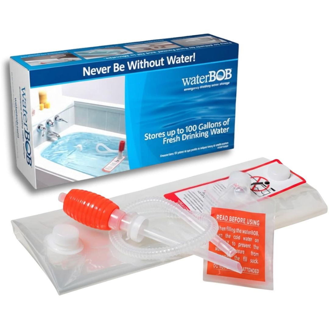WaterBob emergency water storage kit shown with its retail box and the included components: a clear plastic bag, an orange and pink manual pump, tubing, a small instruction card, and a red-and-white warning/usage packet on a white background.