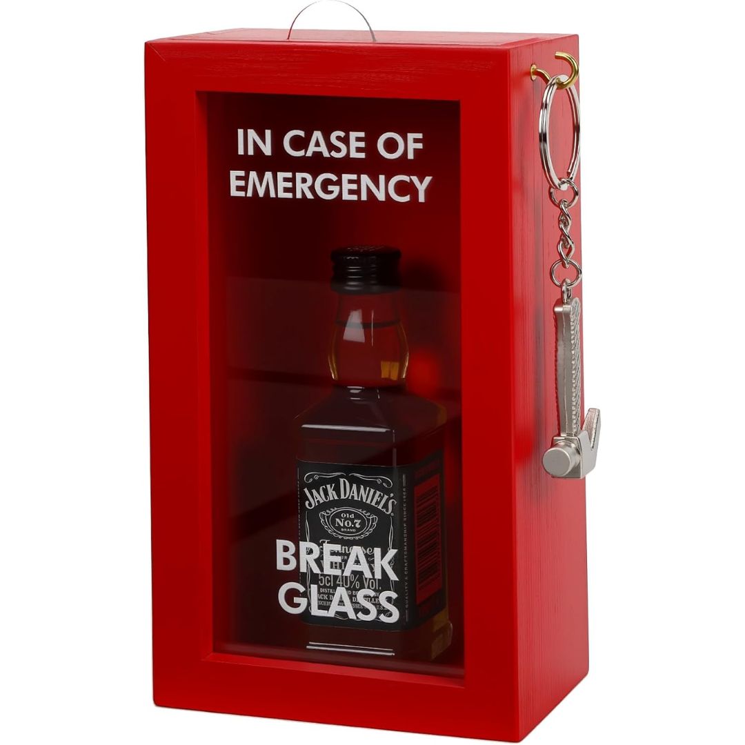 Red emergency box with Jack Daniel's bottle inside, labeled 'In Case of Emergency Break This Glass'.