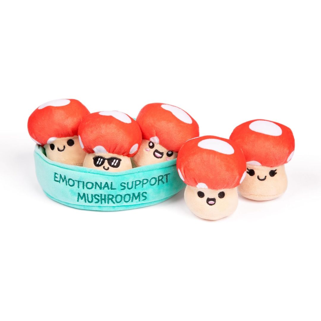 Plush mushrooms with a teal container labeled 'Emotional Support Mushrooms' on a white background