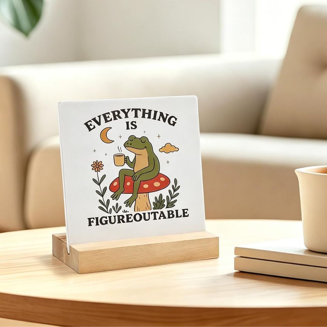 A square white ceramic coaster on a small wooden stand, featuring a whimsical illustration of a green frog sitting on a red mushroom and holding a mug, with the text 'EVERYTHING IS FIGUREOUTABLE'. The coaster is displayed on a light wood table in a cozy, softly blurred living room setting.