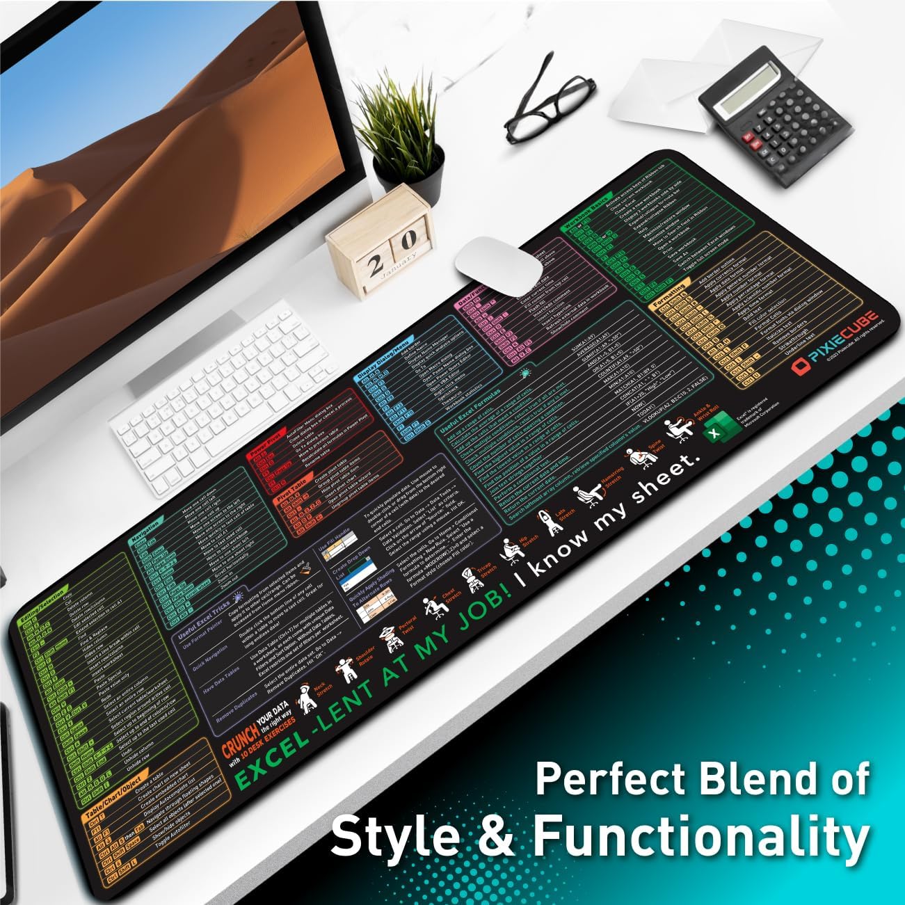Excel shortcuts desk mat on a modern workspace with a monitor, keyboard, mouse, and accessories, labeled as a blend of style and functionality.