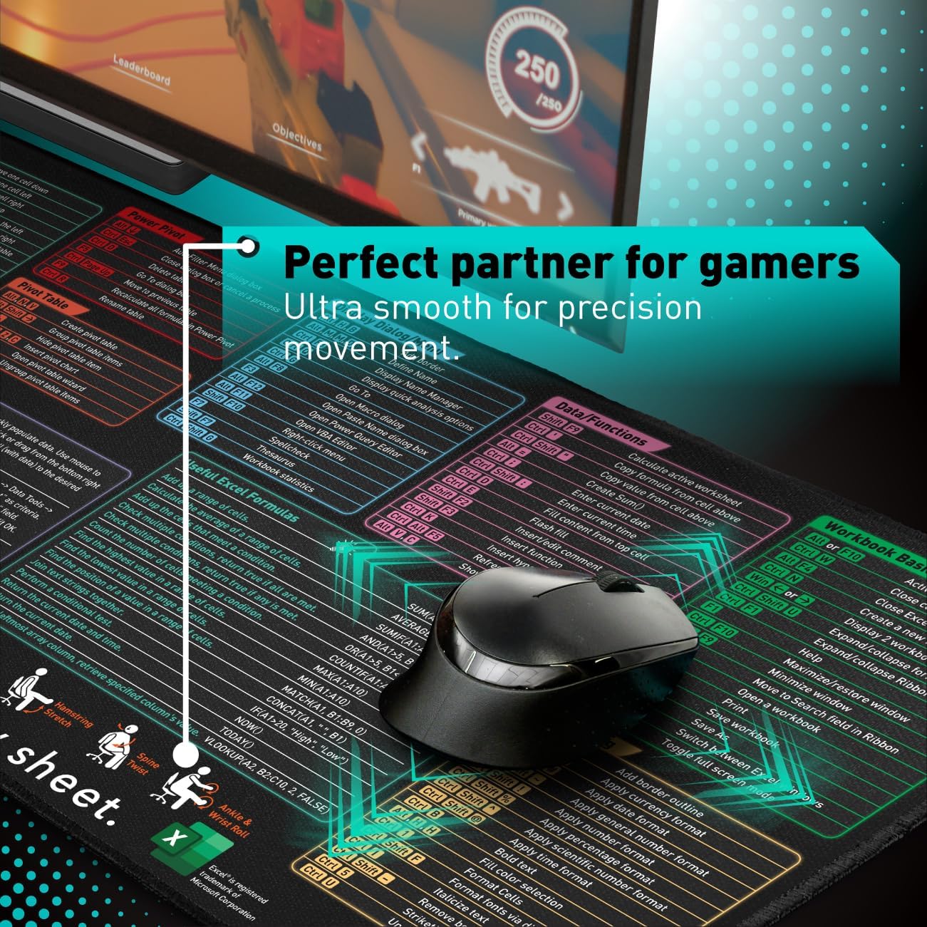 Close-up of a gaming mouse on an Excel shortcuts desk mat, highlighting its smooth surface ideal for precise movement during gaming.