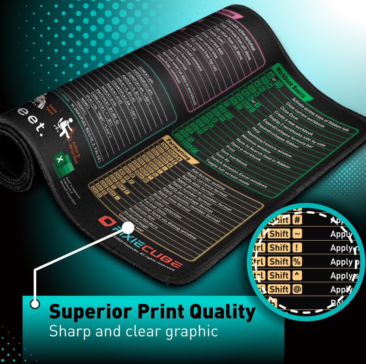 A rolled black mouse pad with colorful Excel shortcut graphics, labeled "PixelCube." Text below reads "Superior Print Quality Sharp and clear graphic."