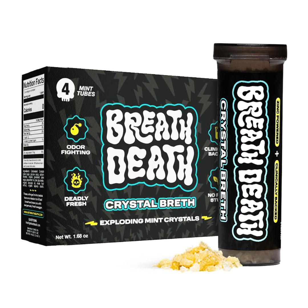 A box of Breath Death crystal breth exploding mint crystals for fresh breath showing a tub of Breath Death on a white background