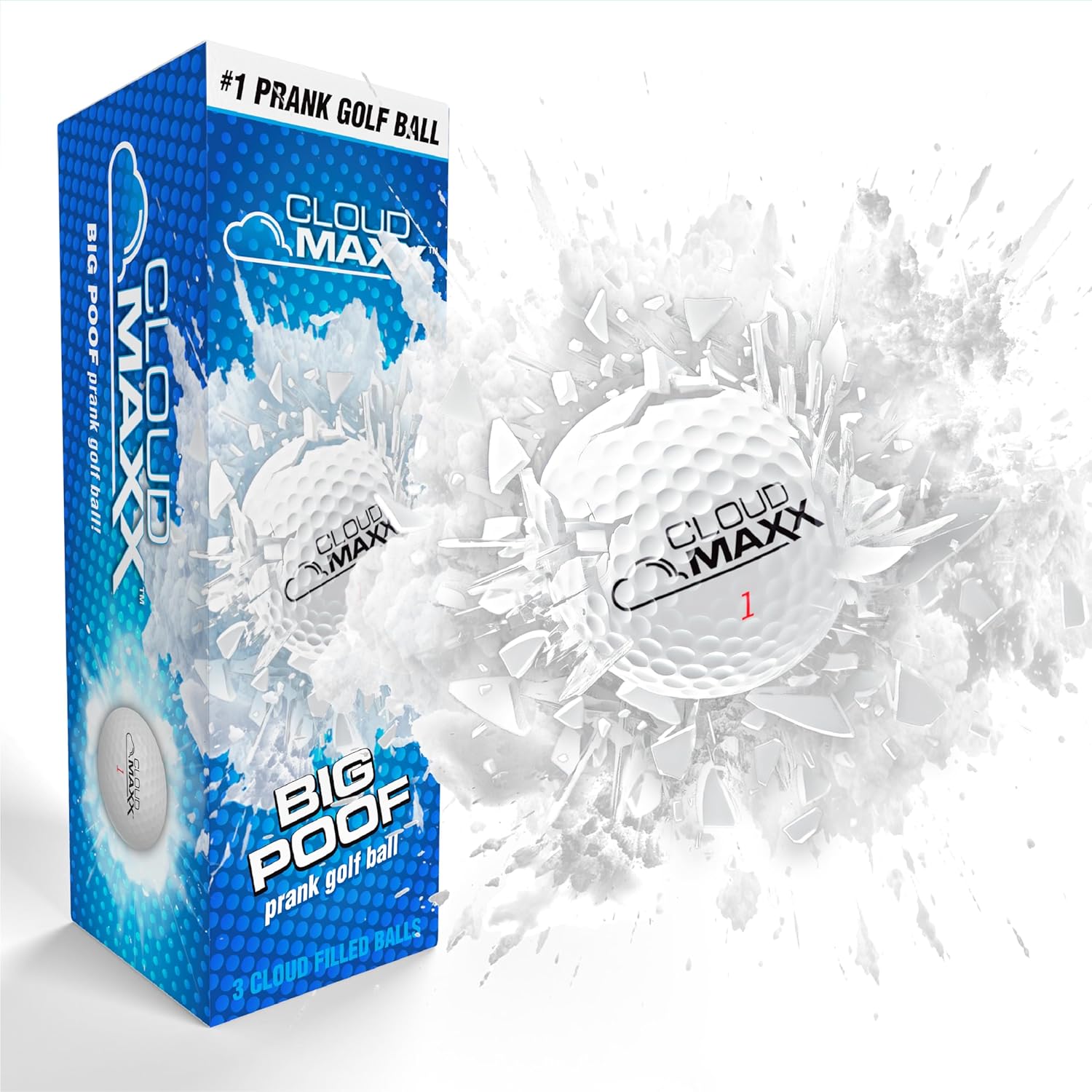 Novelty prank golf balls designed to burst into a cloud on impact