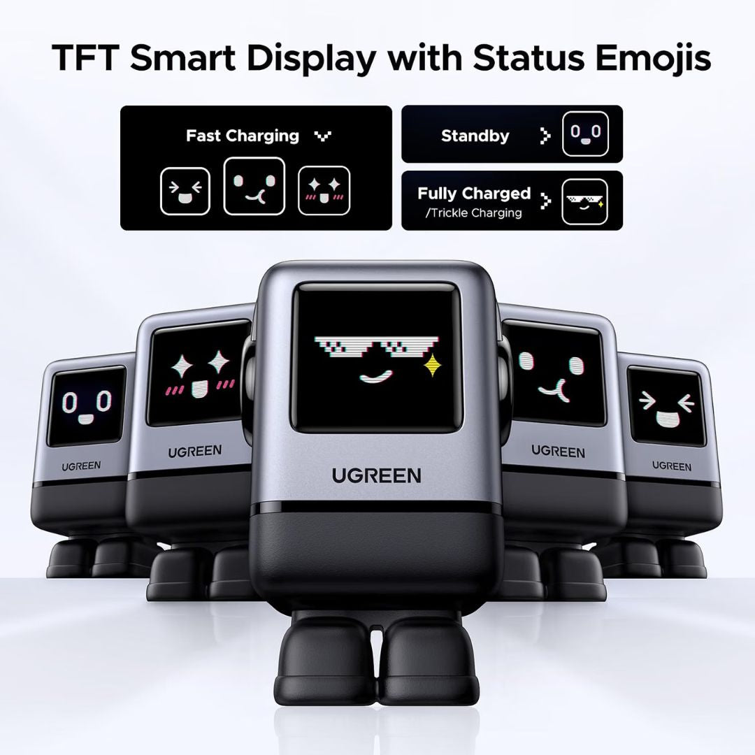 5 fast chargers shaped like little robots with text 'TFT smart display with status emojis'