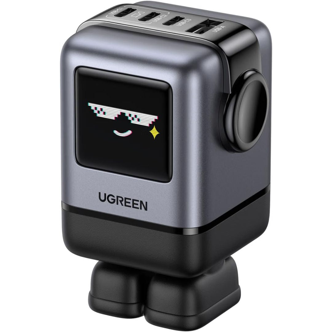 Fast charger shaped like a little robot on a white background.