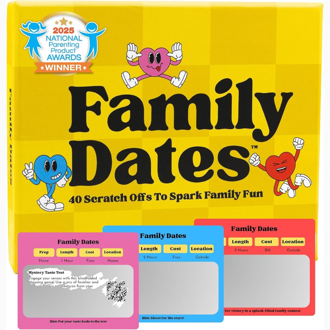 Family Dates game with colorful design and scratch-off cards.