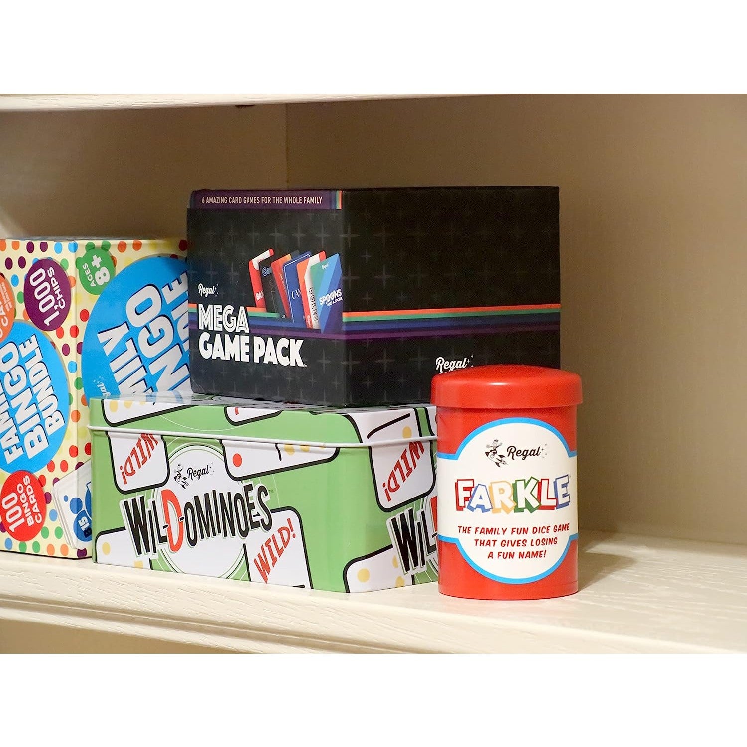 A Farkle dice game set on a shelf.